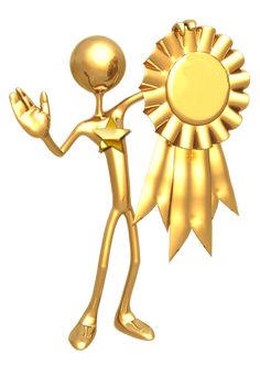 a gold award with a person holding the number one