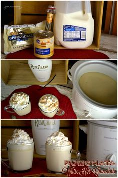 there are three pictures of different beverages on the counter top, one with whipped cream and one with caramel