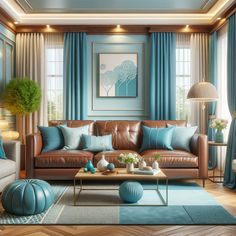 the living room is decorated in blue and brown color scheme, with leather sofas