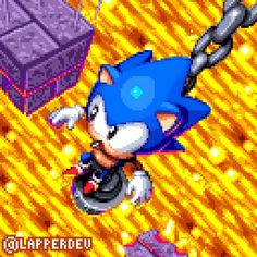 sonic the hedgehog is flying in front of a purple box with chains hanging from it