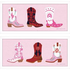 four pairs of cowboy boots are shown in pink and red, with flowers on them