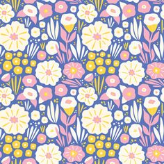 an abstract floral pattern with pink, yellow and white flowers on a blue background for wallpaper