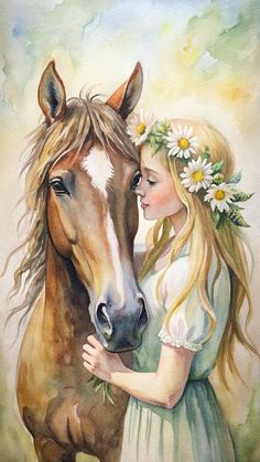 a painting of a girl hugging a horse with daisies in her hair and wearing a flower crown