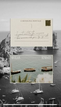 an image of boats in the water near some rocks and cliffs with words written on them