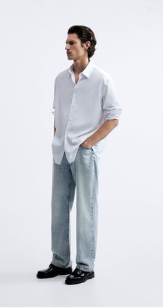 Shirt And Jeans Outfit For Men, White Shirt Blue Jeans Men, Outfit For Men Aesthetic, Blue Jeans White Shirt Outfit, Men Jeans Style, Purple Black Party, Red Outfit Men, White Shirt Outfit For Men, Long Sleeves Outfit Men