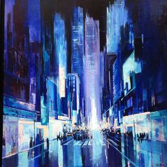 an oil painting of cityscape with people walking on the street at night time