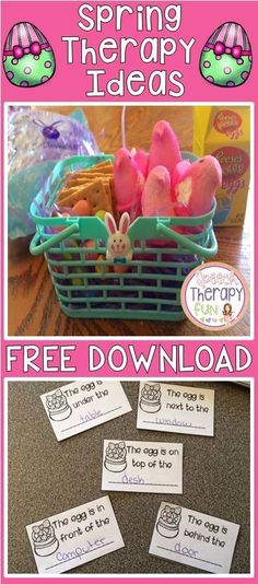 a basket filled with pink and green eggs sitting on top of a table next to free print