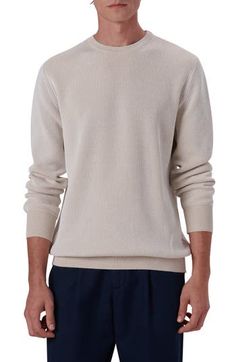 Knit from lightweight cotton with a comfortable fit, this long-sleeve sweater brings casual polish to everyday ensembles. 28" length; 44" chest Crewneck Long sleeves Ribbed cuffs and hem 100% cotton Dry clean Made in Italy Cotton Polo Sweater With Textured Knit And Relaxed Fit, Fall Cotton Polo Sweater With Textured Knit, Spring Relaxed Fit Polo Sweater, Spring Polo Sweater With Relaxed Fit, Relaxed Fit Polo Sweater For Spring, Cotton Sweater With Ribbed Collar And Stretch, Cotton Sweater With Stretch And Ribbed Collar, Cotton Stretch Sweater With Ribbed Collar, Stretch Cotton Sweater With Ribbed Collar