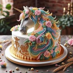 there is a cake that has a unicorn on it and flowers all over the top