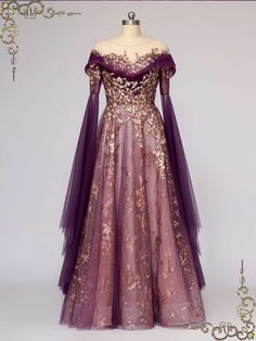 Got Inspired Gowns, Celtic Queen Dress, Medieval Dress Wedding, Purple Gold Wedding Dress, Medival Wedding Dress, Medieval Wedding Gown, Orlais Fashion, Medieval Style Wedding Dress, Bell Sleeves Wedding Dress