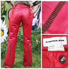 Leather pants by Thierry Mugler! Cut out back! 100% calf leather! Very good condition! Very light signs of use, please have a look on the last photo. SIZE LArge Marked size: FR40. Model`s size in photos: XS. Length: 109 cm / 42.9 inch Waist: 37 cm / 14.6 inch Hips: 52 cm / 20.5 inch Rise: 28 cm / 11 inch Inner leg: 82 cm / 32.3 inch Made in France! Leather Couture, Motorcycle Vintage, Moto Vintage, Womens Trousers, Vintage Paris, Thierry Mugler, Couture Runway, Trousers Pants, Out Back