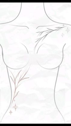 a drawing of a woman's breast with branches on it and snowflakes in the background