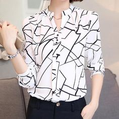 Chiffon Blouses Women Striped Blouse V-Neck  #Tops #fashion #blackfriday #sexytops #blouse #onlineshoppingkenya #women #blouses #beautiful #lestyleparfaitkenya Print Shirts Women, Women Blouses Fashion, Casual Tops For Women, Chiffon Shirt, Women Shirts Blouse, Chiffon Blouse, Insta Photo, Blouse Styles, Plus Size Tops