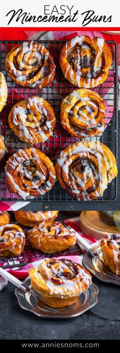 cinnamon buns with white icing on a cooling rack and plates full of them