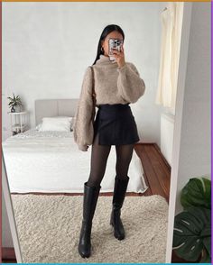 so if you want to make cute but still elegant and simple look, you can try skirt (in any natural color) definitley knee-high boots and knitted sweater, i found really pretty leather boots on amazon they are now in sale, I link them down if you were interested Stil Rock, Stile Blair Waldorf, Adrette Outfits, Look Legging, First Date Outfits, Fest Outfits, Chique Outfits, Look Rock, Winter Fashion Outfits Casual