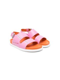 bubblegum pink calf leather smooth grain round open toe double-strap design decorative stitching logo print to the side slingback strap branded footbed contrast leather lining flat rubber sole buckle fastening Stitching Logo, Decorative Stitching, Strap Design, Open Toe Sandals, Bubblegum Pink, Kids Accessories, Logo Print, Girls Shoes, Leather Sandals