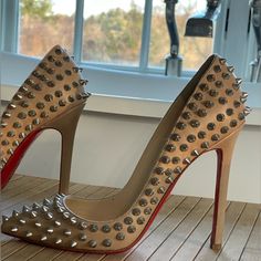 Christian Louboutin Nude Spiked Heels Item Sizing: Actual Shoe Size 5.5, Fits A 6-6.5 Because Of The High Arch Of The Heel, If It Was Your Actual Size Your Heel Would Pop Out. One Size Smaller Is Better In These, If Your A True 6, This Should Be Perfect For You Returns Accepted Designer Spiked Pointed Toe Heels, Designer Spiked Heels With Pointed Toe, Designer Heels With Spikes And Pointed Toe, Designer Spiked High Heels, Luxury Spiked Pointed Toe Heels, Luxury Spiked Round Toe Heels, Luxury Heels With Spikes And Round Toe, Designer High Heel Shoes With Studs, Luxury Spiked Heels With Round Toe