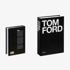 two black books sitting next to each other on top of a white surface with the words tom ford printed on them