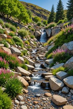 a stream running through a lush green hillside covered in rocks and flowers, surrounded by tall pine trees