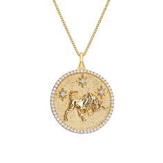 a gold necklace with an image of a bull and stars in the center, on a white background