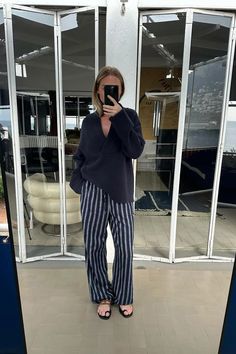 Linen Blend Striped Pants Blue | NA-KD Chic Relaxed Fit Wide Leg Sweatpants, Chic Wide Leg Relaxed Fit Sweatpants, Oversized Straight Pants For Work, Oversized High-waisted Work Pants, Chic Cotton Wide Leg Pants For Lounging, Straight Leg Bottoms With Tie Waist And Relaxed Fit, Relaxed Fit Straight Leg Bottoms With Tie Waist, Chic Loungewear Wide Leg Trousers, Oversized Trousers For Work