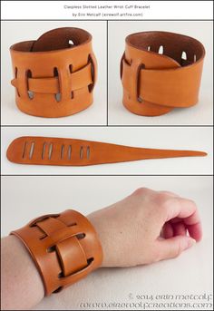 the instructions for how to make a leather wristband with holes on each side and an attached strap