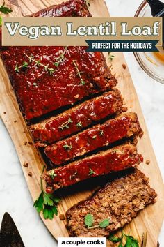 This vegan lentil loaf is the ultimate plant-based comfort food! With lentils, nuts, and a tangy glaze, it’s the perfect meatless main dish for weeknight or holiday dinners. Try it for Thanksgiving, Christmas or Easter!  Pop over to our site for the recipe! Vegetarian Beans, Lentil Loaf Recipe, Vegan Lentil Loaf, Vege Burgers, Lentil Meatloaf, Vegan Loaf, Nora Cooks, Rice Meals, Vegan Patties