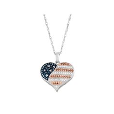 Decorated with round-cut red, white and blue diamonds, this heart necklace beautifully conveys your patriotism. Click on this JEWELRY & WATCHES GUIDE to learn about fit, styles, materials and more!PENDANT DETAILS Pendant length: .65 in. Chain length: 18 in. Clasp: spring-ring Metal: white rhodium-plated sterling silver, pink rhodium-plated sterling silver, blue rhodium-plated sterling silver DIAMOND DETAILS Total weight: 1/4 ct. Shape: round Color: red, white, blue Color grade: I-J Clarity: I2-I Diamond Heart Pendant Necklace, Blue Diamonds, Heart Pendant Diamond, Ring Metal, Blue Diamond, Diamond Heart, Silver Blue, Heart Pendant Necklace, Silver Diamonds