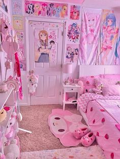 a bedroom with pink decor and accessories on the walls