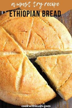 an ethiopian bread cut into pieces on a wooden table