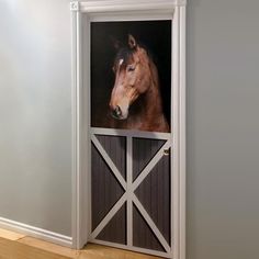 an open door with a horse's head on it