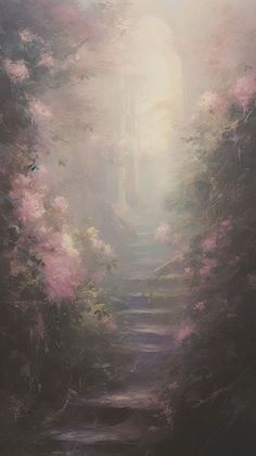 an oil painting of a path leading to a portal in the woods with pink flowers