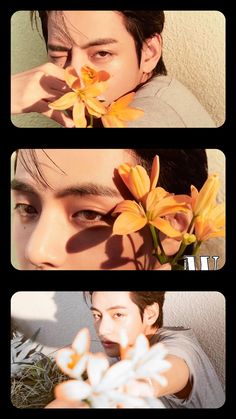 three different shots of a man with flowers in his hand and the same image as he looks at something