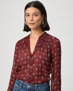 A timeless silhouette crafted from luxurious 100% crinkled silk georgette in a gorgeous oxblood red victorian floral print. This long sleeve blouse is feminine, elevated and chic with a curved yoke at the front with shirring details, covered buttons down the front, and ruffles at the neckline. | Monika Blouse - Oxblood Multi Silk | Size Large Deep Autumn, Oxblood Red, Silhouette Crafts, Winter Wear, Covered Buttons, Ruffles, Sleeve Blouse, Floral Print, Long Sleeve Blouse