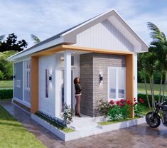 a woman standing in the doorway of a small house with a motorcycle parked outside it