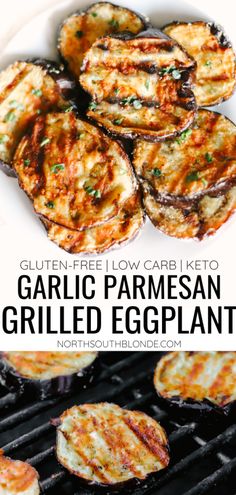 grilled eggplant on the grill with text overlay that reads garlic parmesan grilled eggplant