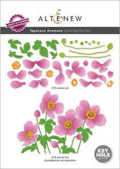 pink flowers and green leaves are featured in this paper cutout set with the words,