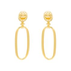 -18k gold plated earrings with ball stud and oval link -Measures 2.5" -Handmade in Brazil -Great to use with the Calliope or Hebe necklaces and Iris or Rhea bracelet Elegant Metal Oblong Earrings, Tarnish Resistant Oval Metal Earrings, Yellow Gold Oval Metal Earrings, Gold-tone Oval Gold Plated Earrings, Gold Spherical Metal Earrings, Gold Single Sphere-shaped Earring, Oval Metal Clip-on Jewelry, Gold Oblong Metal Jewelry, Gold Plated Earrings