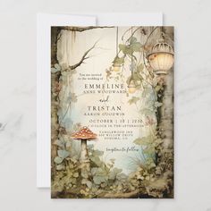 a wedding card with an image of mushrooms and leaves on the front, along with a lantern in the background