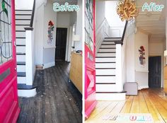 before and after photos of a house's entryway with wood floors, painted pink