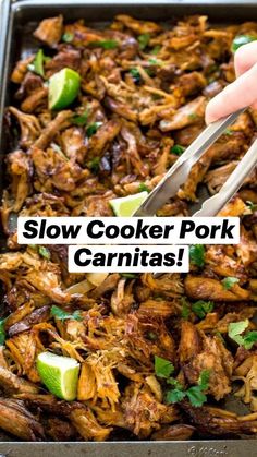 someone is cutting up some food in a pan with tongs and cilantro