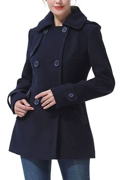 Kimi + Kai Women's "Anne" Wool Pea Coat – kimi + kai Fitted Peacoat With Pockets For Office, Winter Office Outerwear With Flap Pockets, Double-breasted Winter Outerwear With Flap Pockets, Classic Fitted Outerwear With Detachable Hood, Elegant Winter Outerwear With Flap Pockets, Hooded Buttoned Outerwear For Work, Hooded Workwear Outerwear With Buttons, Fitted Peacoat With Lapel Collar And Pockets, Winter Office Peacoat With Pockets