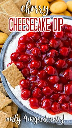 cherry cheesecake dip with graham crackers on the side and text overlay reading cherry cheesecake dip only 4 ingredients