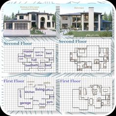 three story house plan with second floor and first floor in the same area, two garages on each side