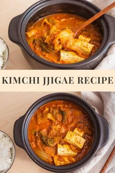 two images showing how to make kimchi jigae recipe