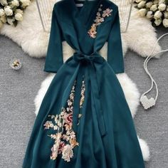 Size Small, Dark Green 3/4 Length Sleeve A-Line Style Midi Dress. Gorgeous Floral Embroidery, Faux "Wrap" V-Neck, Comes With Optional Sash To Tie A Bow Around Your Waist. Zip Up Back. Goes Down To Mid-Calf On Me (I Am 5' Tall). Comfortable, Soft Fabric. Modest, Cocktail Party Dress, Wedding Guest, Formal Dress. Item Is 100% New, Never Worn. Did Not Originally Come With Tags, But I Received It Directly From The Manufacturer. Has Been Kept In Bag Since Purchase. Unfortunately Doesn't Fit Me Very W Sleeved Gown, Dresses For Formal Events, Flower Embroidered Dress, Evening Midi Dress, Vibrant Florals, Formal Wear Women, Long Sleeve Evening Gowns, Spring Maxi Dress, Embroidered Midi Dress