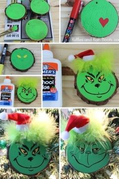 the grin face is made out of wood slices and green felt, while other pictures show how to make it