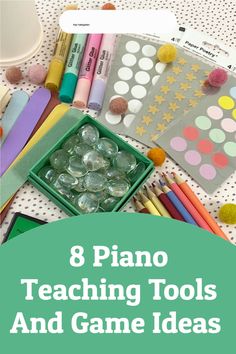 an assortment of teaching tools and games with the title 8 piano teaching tools and game ideas