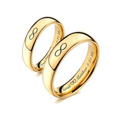 two gold wedding rings with the names of each couple