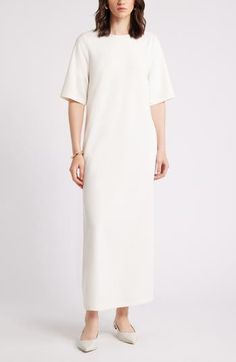 A soft staple dress is easy to style up or down, depending on your agenda. Hidden back-zip closure Jewel neck Short sleeves 62% polyester, 33% viscose, 5% spandex Machine wash, dry flat Imported Elegant Midi-length Nordstrom Dress, Elegant Midi Length Nordstrom Dress, Chic Nordstrom Midi Dress, White Longline Spring Midi Dress, White Longline Midi Dress For Spring, White Viscose Midi Length Dress, White Viscose Midi Dress, Spring Workwear Midi Dress With Back Zipper, Spring Midi Dress With Back Zipper For Work